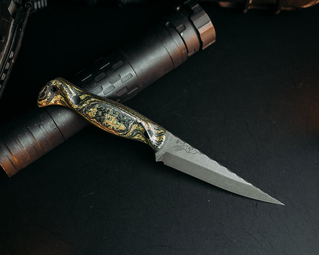 Congressman - Carbon, Copper Mesh, Rubber, Micarta and Green Resin, CF Pins, CF Lanyard, Contoured Grip.