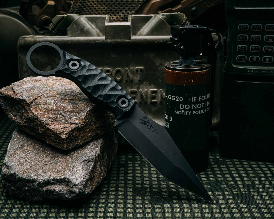 Ringed Tac Tanto- Black G10, Armor Black Cerakote, Allen Bolts, Chaos Grip
