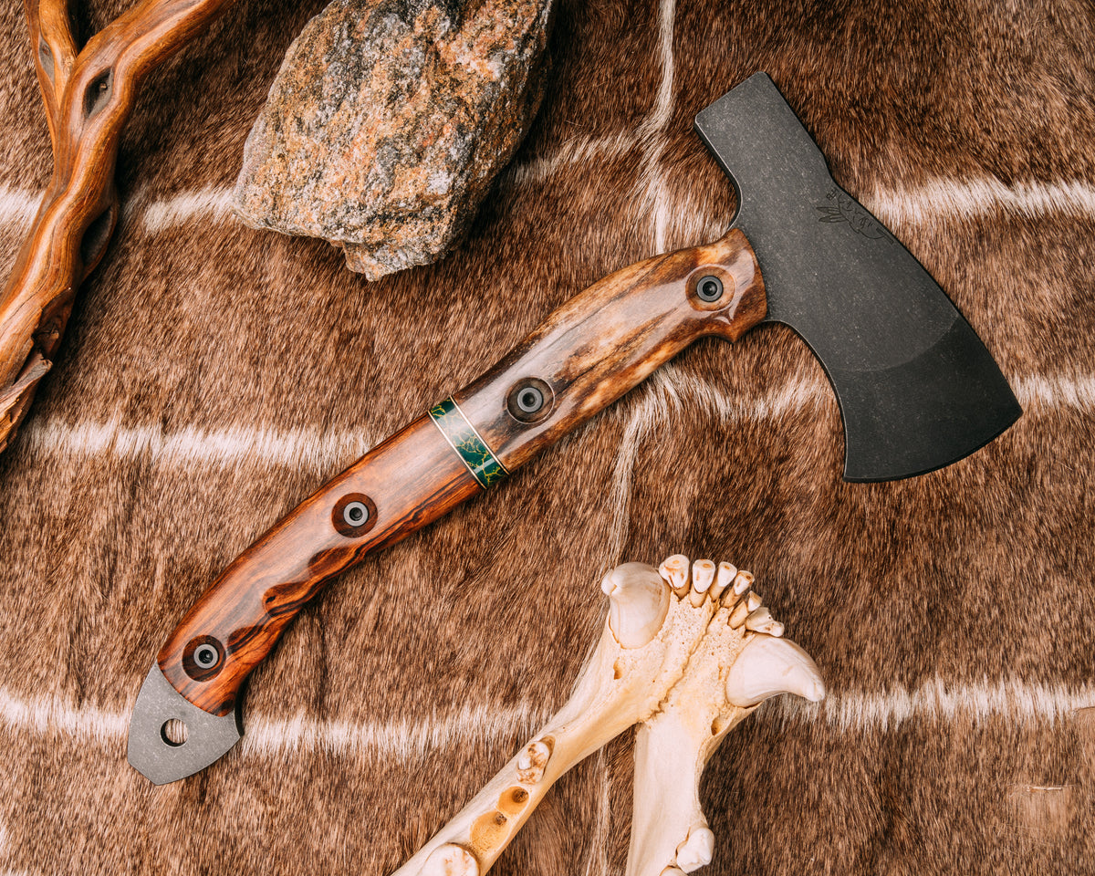 Camp Hatchet dyed camel bone, black G10 and bronze pin striping, Ariz Half Face Blades