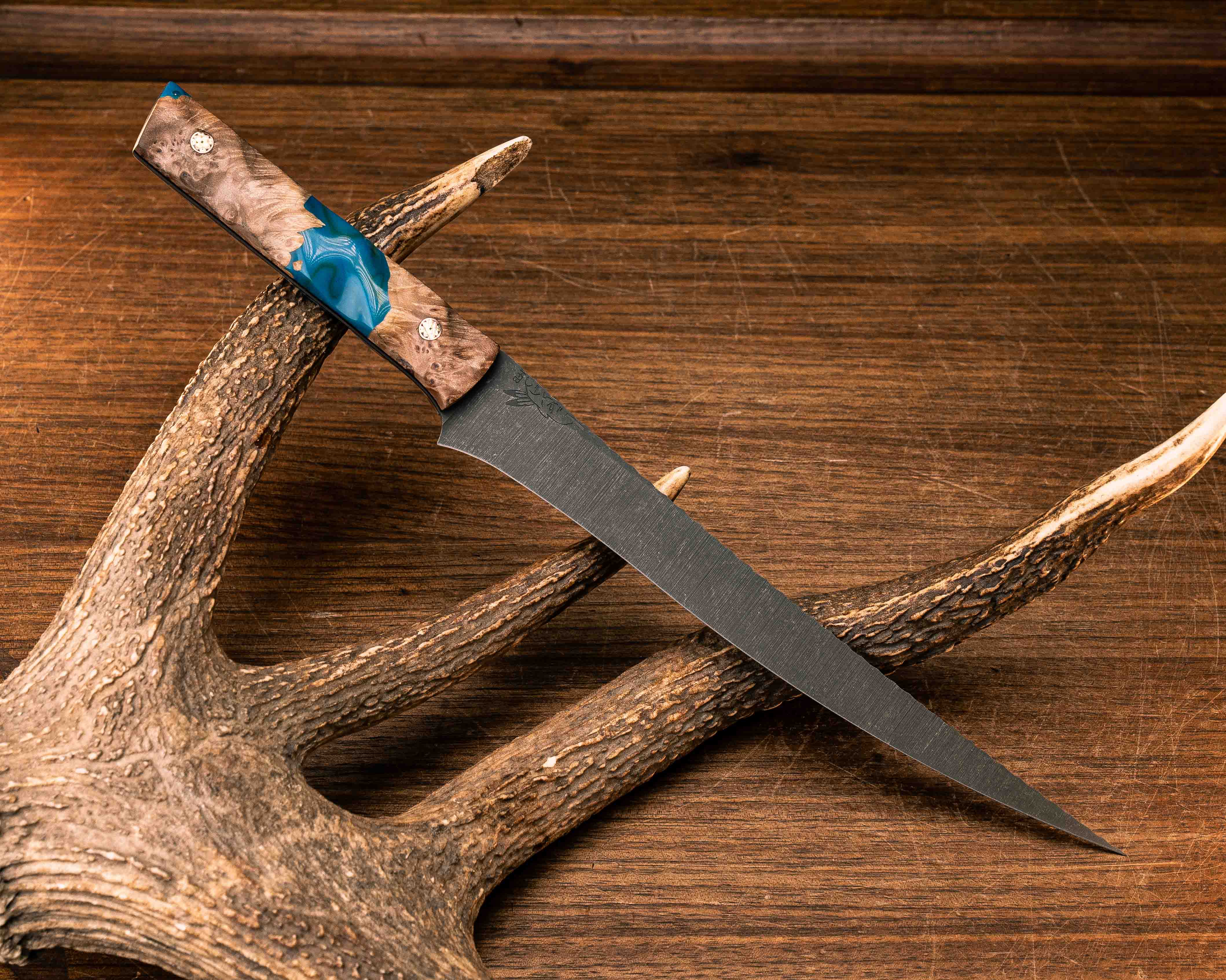 Filet Blade- Maple Burl and Turquoise/Green Swirl Resin, Mosaic
