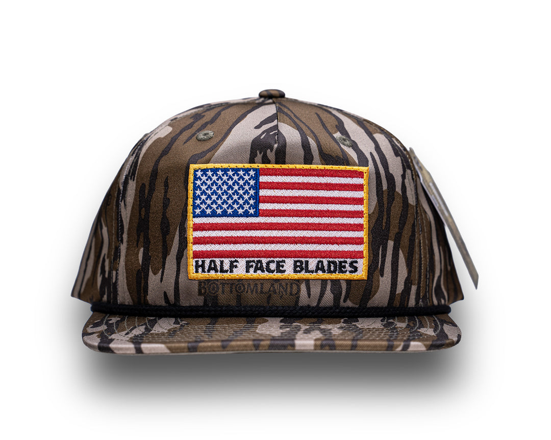 Mossy Oak Bottomland w/Black Rope/ HFB American Flag Patch Hat