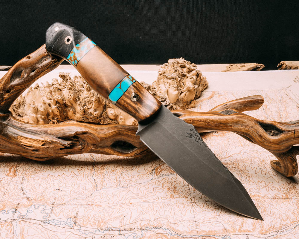 Field knife - Hawaiian curly koa, black G10 and Sonoran Turquoise Tru-stone pin striping, maple split, ancient bog oak, mosaic pins, 1/8" mosaic pin, contoured grip