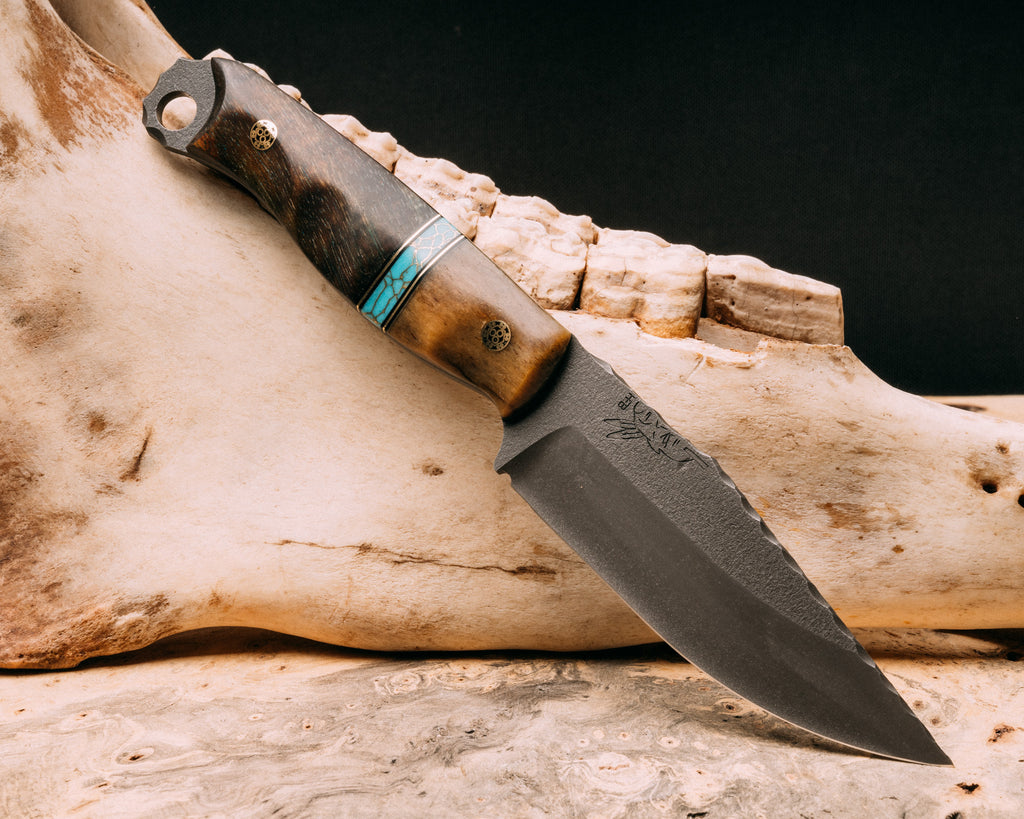 Crow Jr - dyed giraffe bone, black G10 and brass pin striping, turquoise with gold web Tru-stone split, dyed white oak, brass mosaic pins, grooved grip