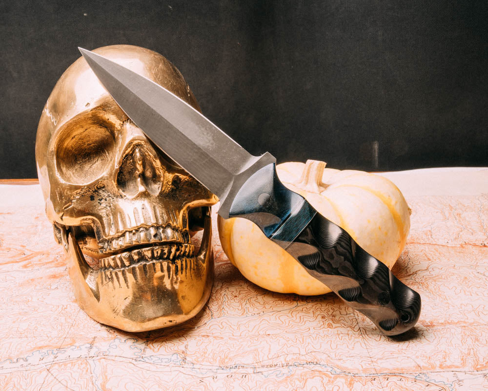 Combat Dagger dyed spalted maple, black G10 and grey G10 pin stripin