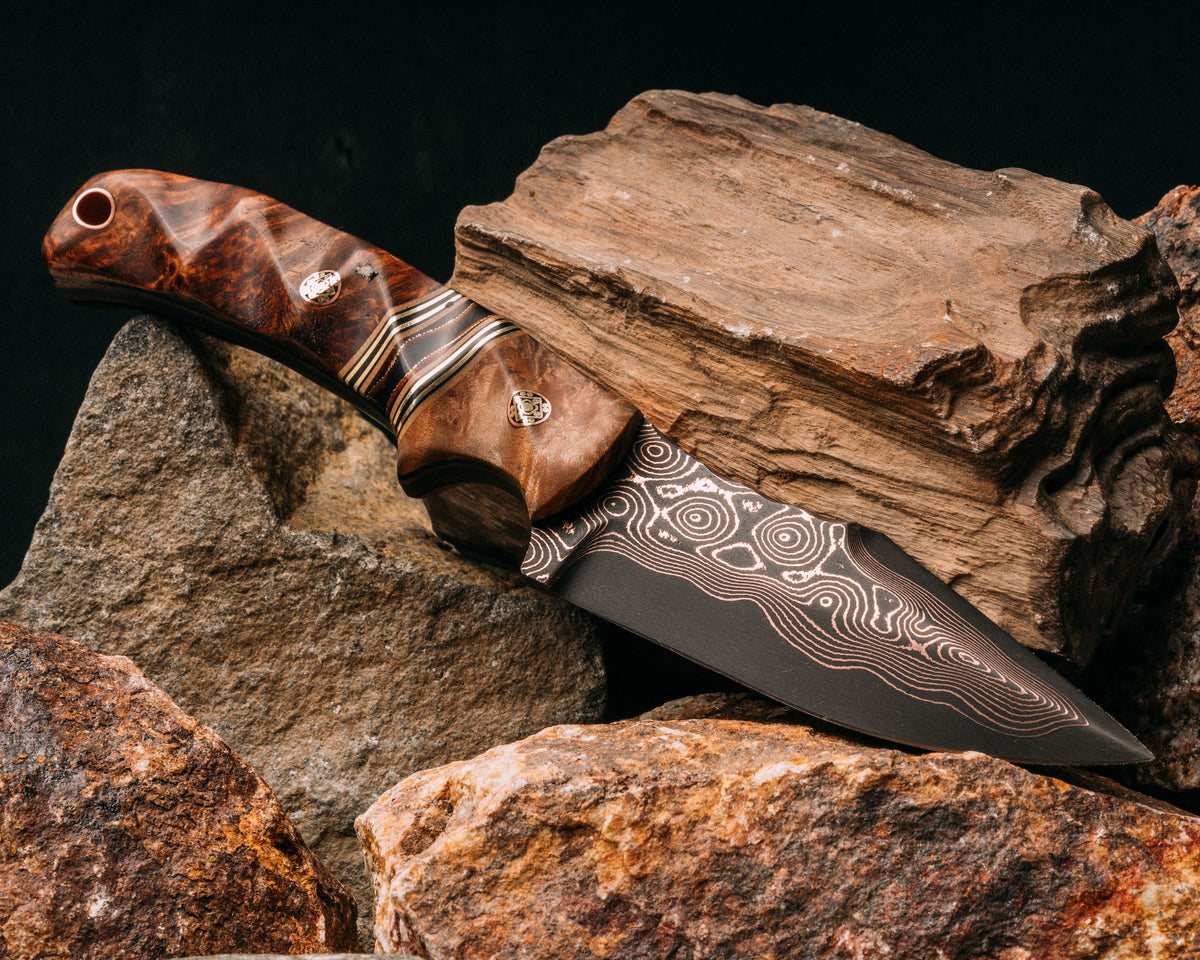 Pirate copper damascus, maple, earth G10/ black G10/ and brass pin s