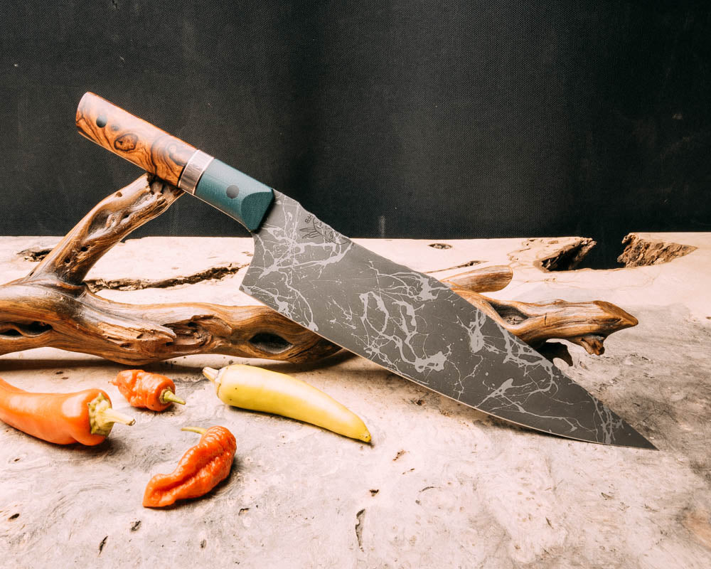 Chef Set forest green G10, black G10 and copper pin striping, copper