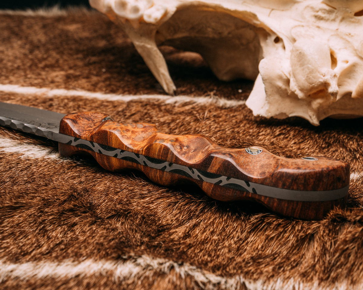 Cavner redwood burl, mosaic pins, aluminum lanyard pin, textured grip