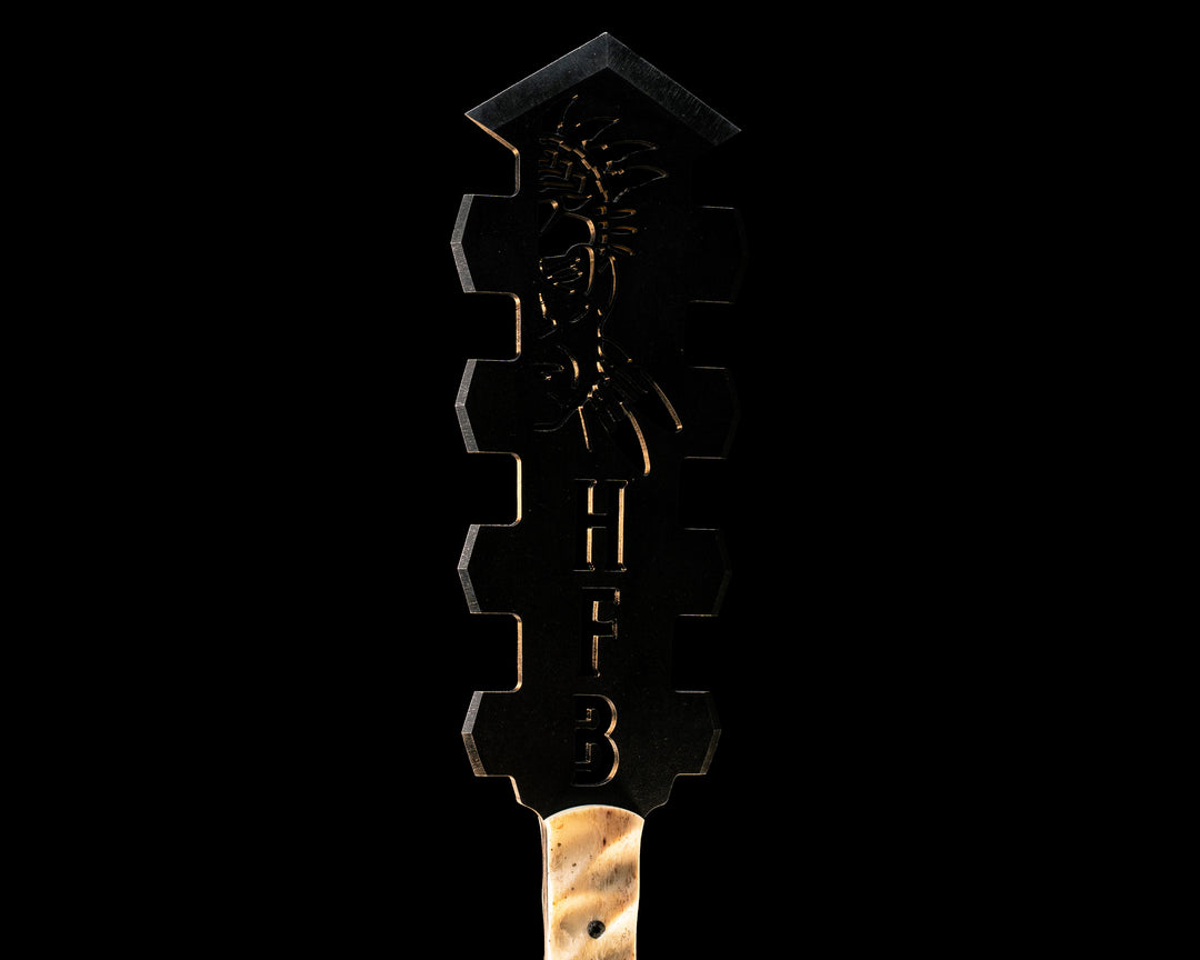 Macuahuitl- Giraffe Bone, Black G10 and Aluminum Split, Aletai Meteorite, Silver Mosaic Pins, CF Lanyard Pin, Textured Grip