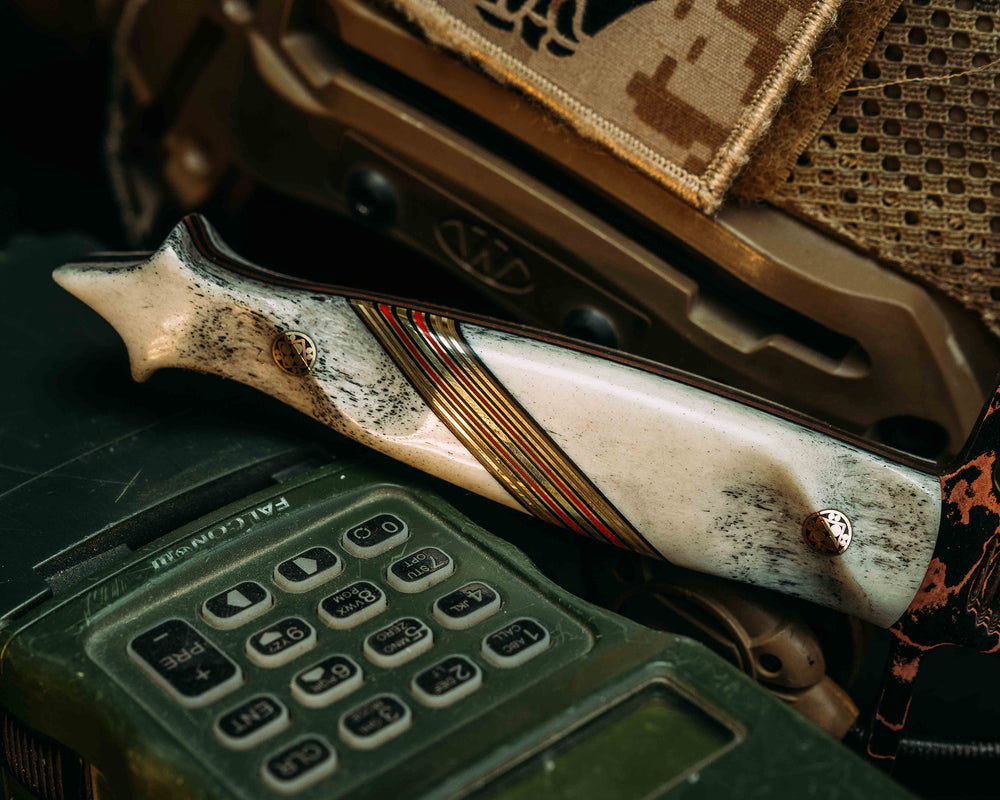 V-42 Dagger- Baker Forge Random Pattern CopperMai- CO Elk, Black G10, OD Green G10, Brass and Cherry G10 Split, Mosaic Pins, Contoured Grip