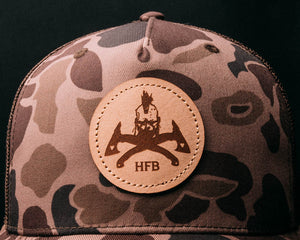 Brown Duck Camo Leather Patch snap back Trucker Hat