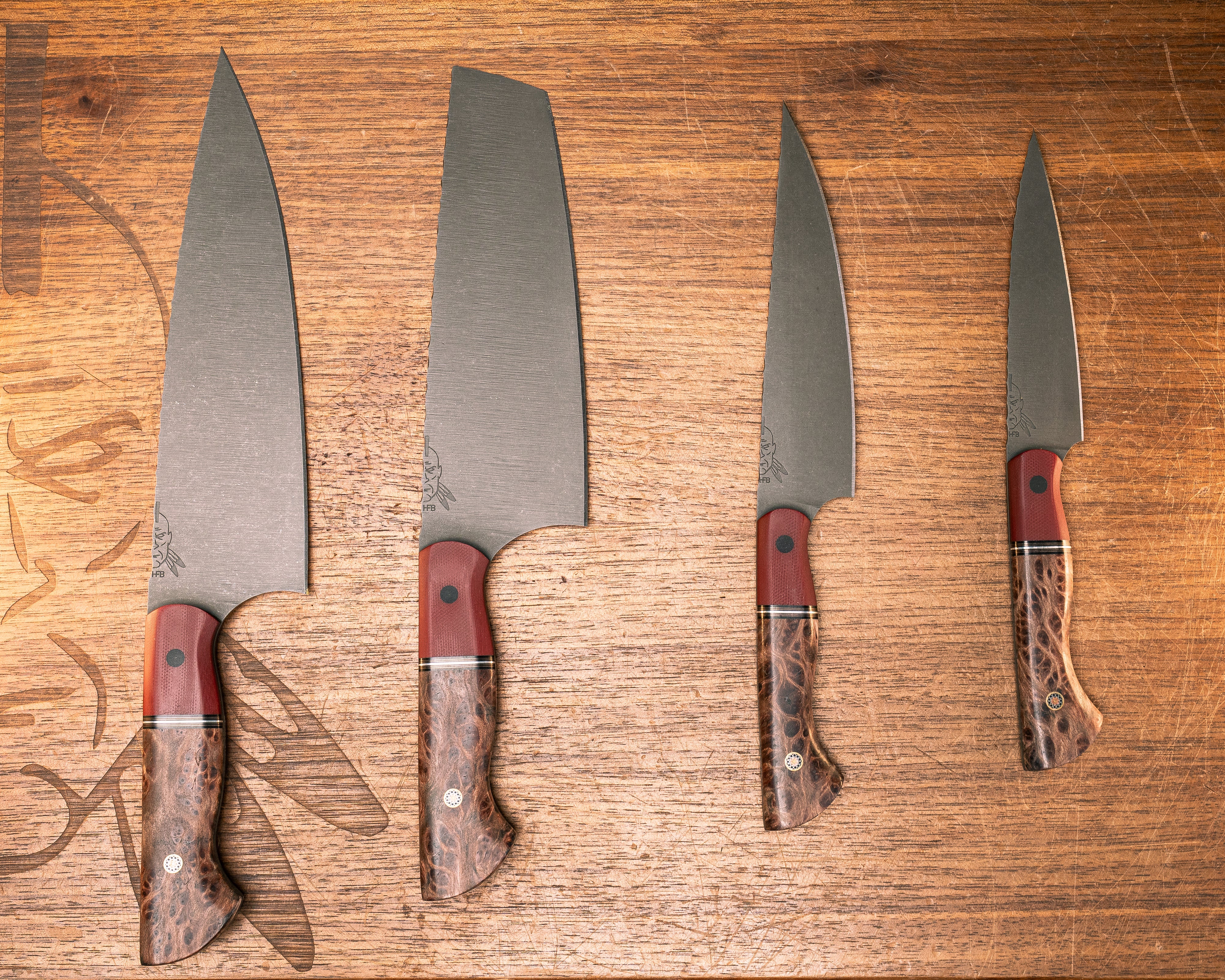 Chef Set- Red G10, Black G10, Copper and Aluminum Split, Redwood Burl, CF Pin, Mosaic Pin, Smooth Grip