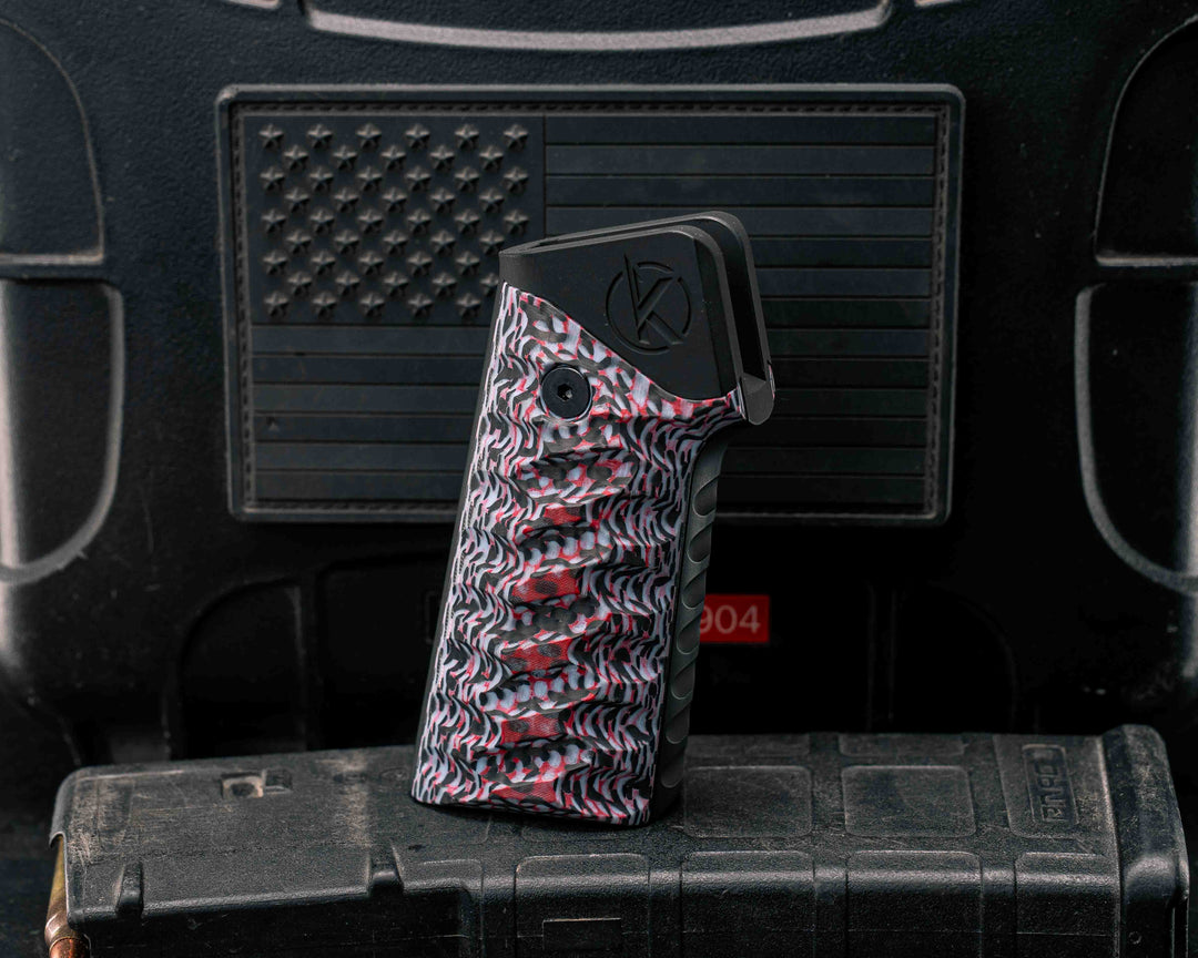 HFB x Kinetic AR Grip System -  Layered Carbon and Resin, Black & White G10, Armor Black Cerakote, Snake Grip.