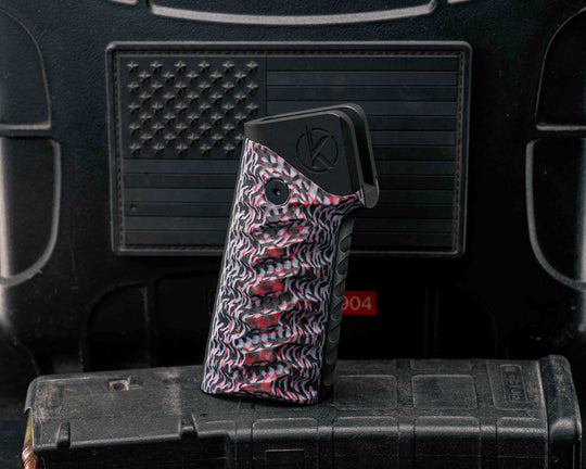 HFB x Kinetic AR Grip System -  Layered Carbon and Resin, Black & White G10, Armor Black Cerakote, Snake Grip.