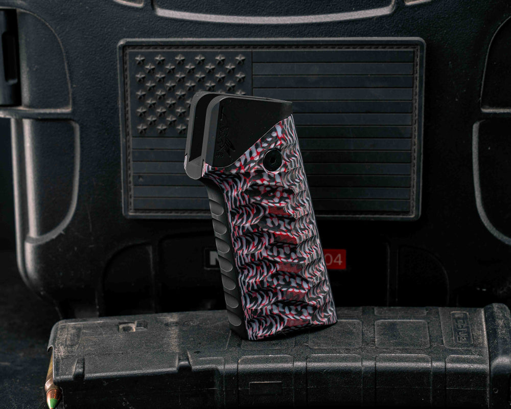 HFB x Kinetic AR Grip System -  Layered Carbon and Resin, Black & White G10, Armor Black Cerakote, Snake Grip.