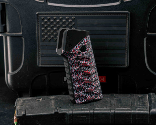 HFB x Kinetic AR Grip System -  Layered Carbon and Resin, Black & White G10, Armor Black Cerakote, Snake Grip.