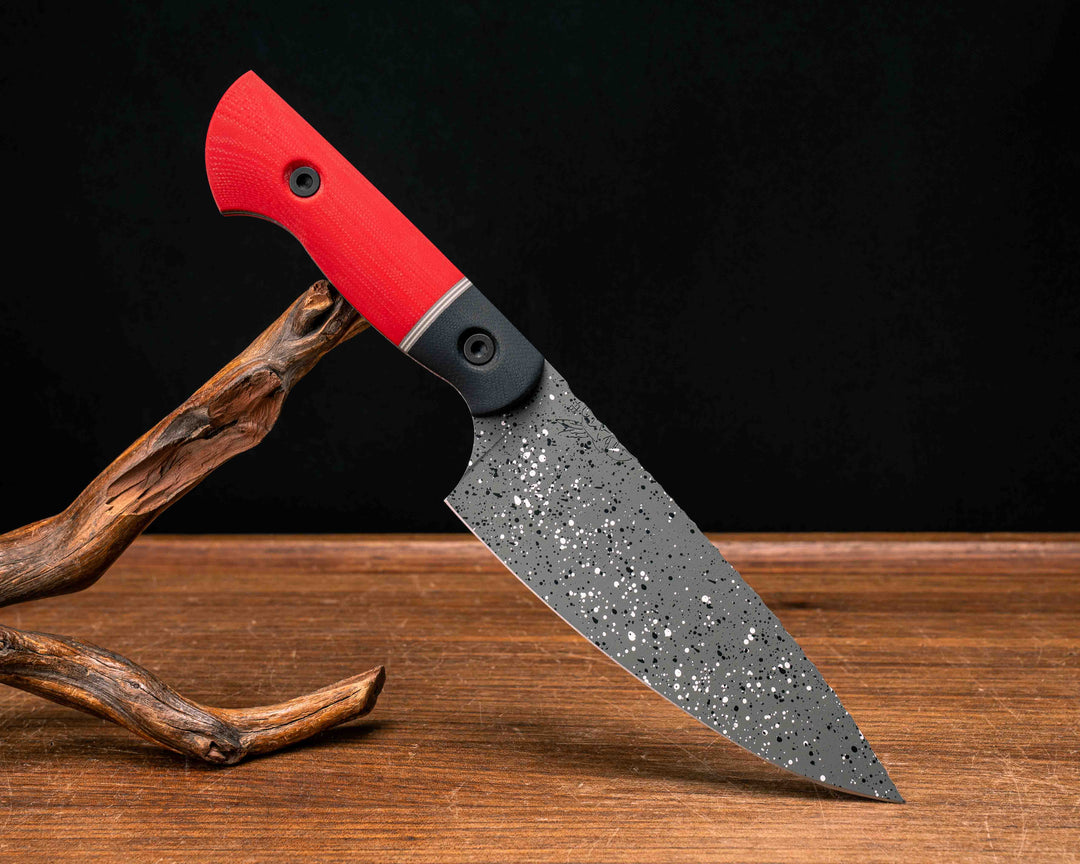 Chef Jr- Black G10, Grey G10 and White G10 Split, Cherry G10, Black G10 and Cherry G10 Liner, Granite Cerakote, Allen Bolts, Smooth Grip
