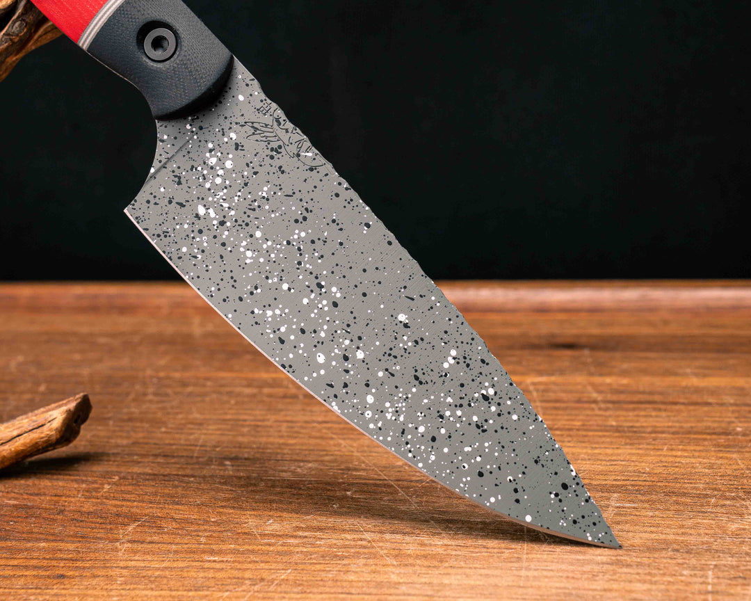 Chef Jr- Black G10, Grey G10 and White G10 Split, Cherry G10, Black G10 and Cherry G10 Liner, Granite Cerakote, Allen Bolts, Smooth Grip