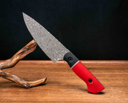 Chef Jr- Black G10, Grey G10 and White G10 Split, Cherry G10, Black G10 and Cherry G10 Liner, Granite Cerakote, Allen Bolts, Smooth Grip