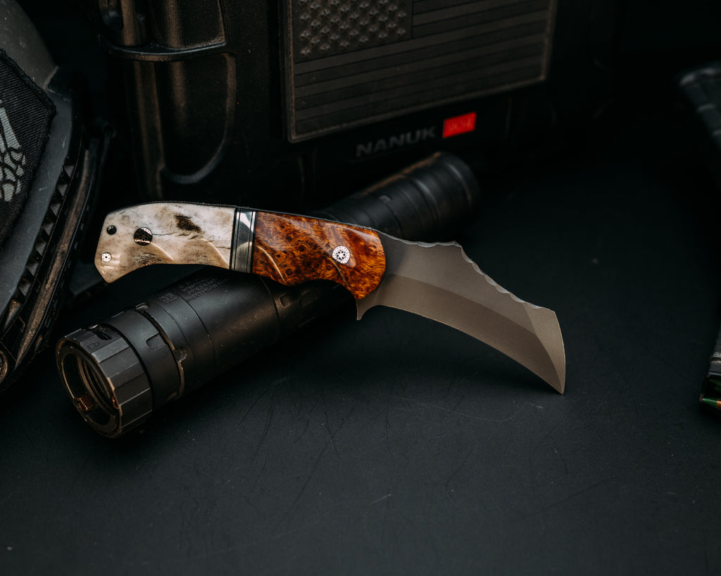 Vulture- Black Ash Burl, Black G10 and Aluminum Pin Striping, Mosaic Pins, Textured Grip