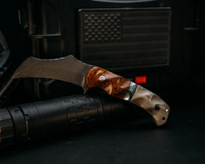 Vulture- Black Ash Burl, Black G10 and Aluminum Pin Striping, Mosaic Pins, Textured Grip