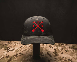 HFB Crossed Arrow Black Multi Camo Trucker Hat, black mesh