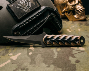 Combat Filet, coyote tan and black layered G10, allen bolts, iron grip