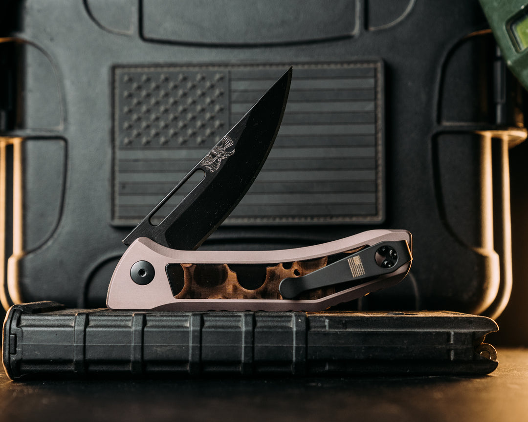 Kwaiken Folder Custom - Raffir Noble Curly Bronze, Anodized Gray Handle, Black Nitride Blade, Textured Grip, Deep Carry Pocket Clip