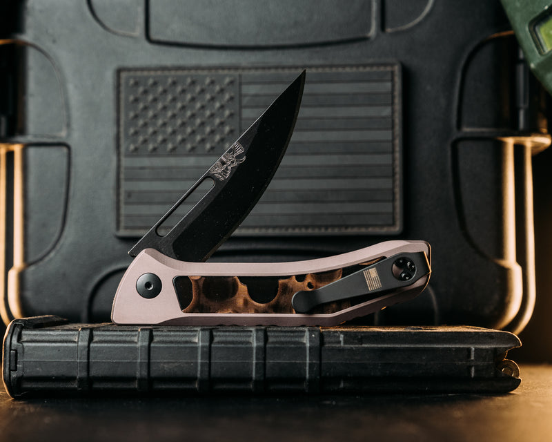 Kwaiken Folder Custom - Raffir Noble Curly Bronze, Anodized Gray Handle, Black Nitride Blade, Textured Grip, Deep Carry Pocket Clip
