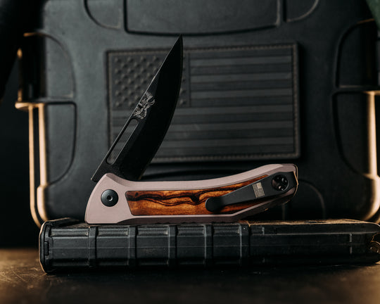 Kwaiken Folder Custom - Desert Ironwood, Anodized Gray Handle, Black Nitride Blade, Textured Grip, Deep Carry Pocket Clip