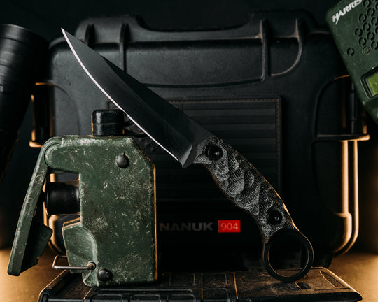 Osoraku 4"- Black Canvas Micarta, Armor Black Cerakote, Allen Bolts, Textured Grip