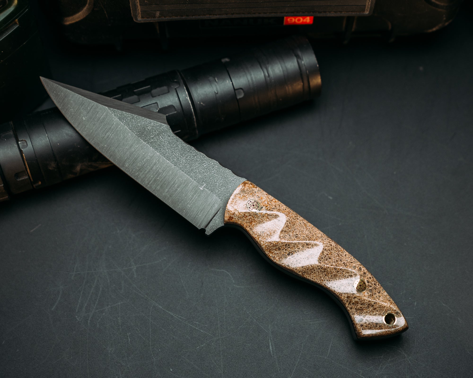 Widow Maker- Dinosaur Bone, Mosaic Pins, Brass Lanyard Pin, Textured Grip