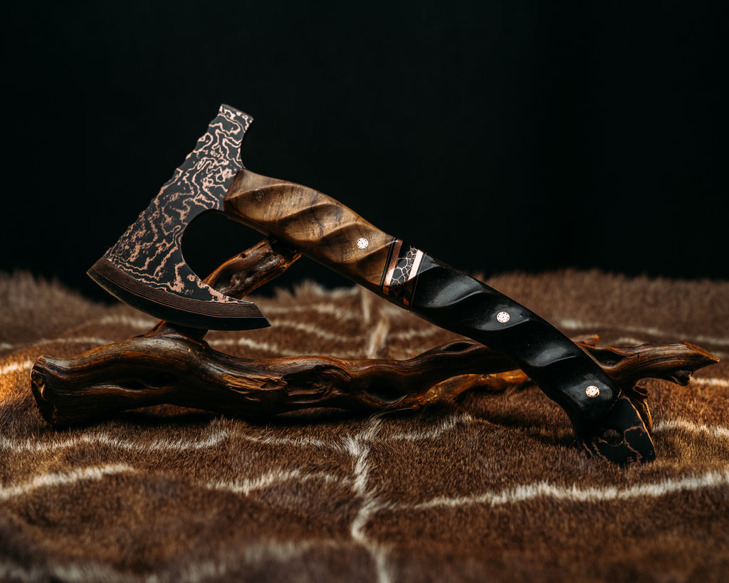 Viking Operator Hawk - Baker Forge Wavy Pattern Copper Mai- Teak, Black G10 and Coyote G10 Pin Striping, Copper and Black with Copper Web Tru-stone Split, Mammoth Bone, Mosaic Pins, Textured Grip