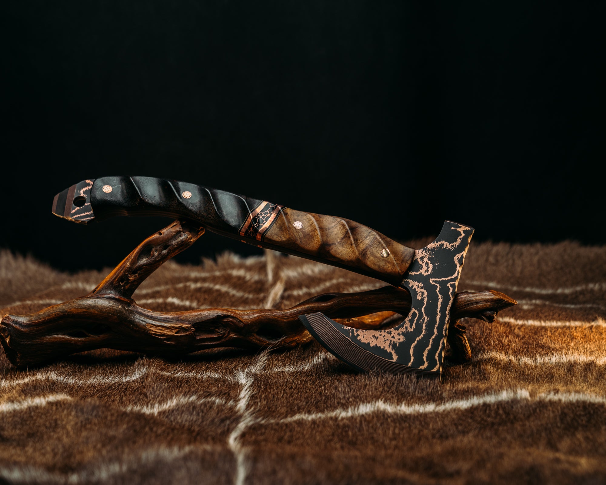 Viking Operator Hawk - Baker Forge Wavy Pattern Copper Mai- Teak, Black G10 and Coyote G10 Pin Striping, Copper and Black with Copper Web Tru-stone Split, Mammoth Bone, Mosaic Pins, Textured Grip