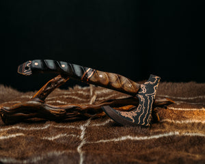 Viking Operator Hawk - Baker Forge Wavy Pattern Copper Mai- Teak, Black G10 and Coyote G10 Pin Striping, Copper and Black with Copper Web Tru-stone Split, Mammoth Bone, Mosaic Pins, Textured Grip