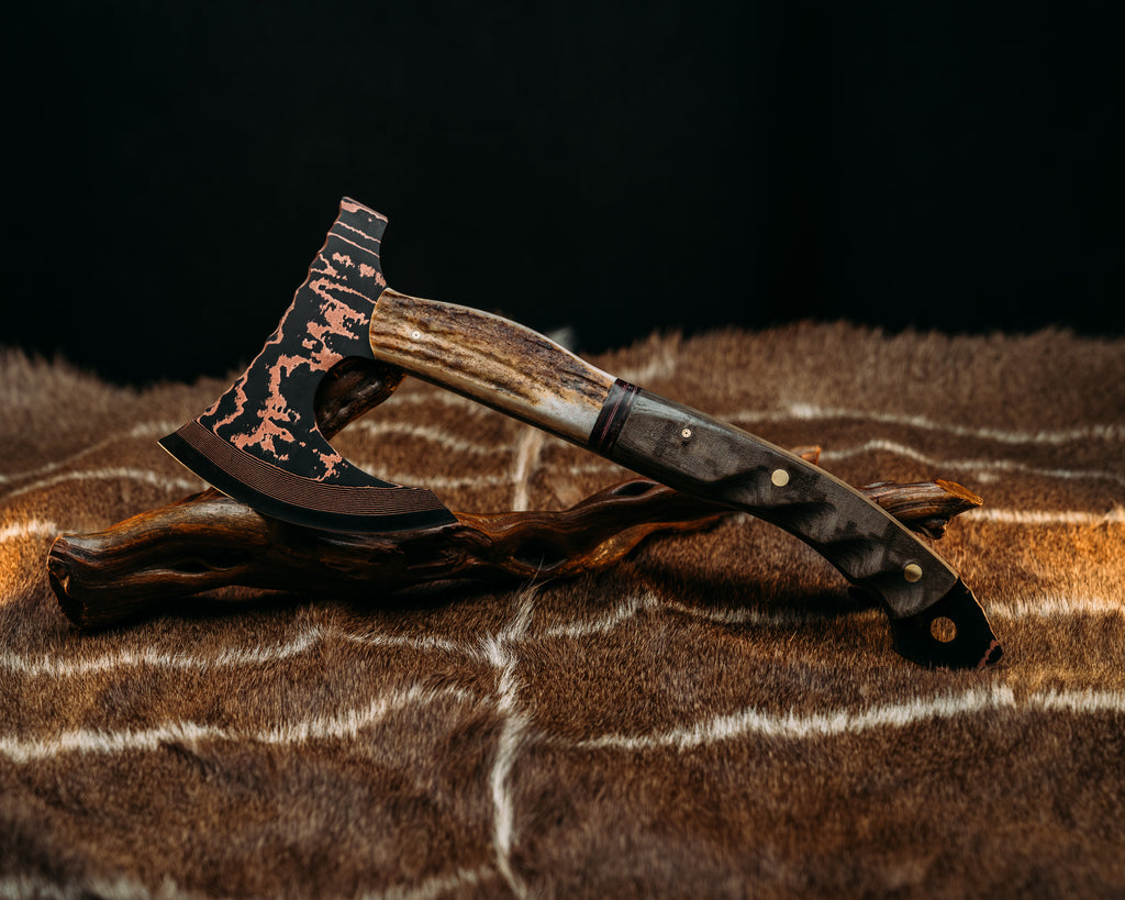 Viking Operator Hawk - Baker Forge Wavy Pattern Copper Mai- CO Elk, Black G10 and American Flag Micarta Split, AOR1 Navy SEAL Cammie Micarta, 1/8" Mosaic Pins, Brass Pins, Grooved Grip