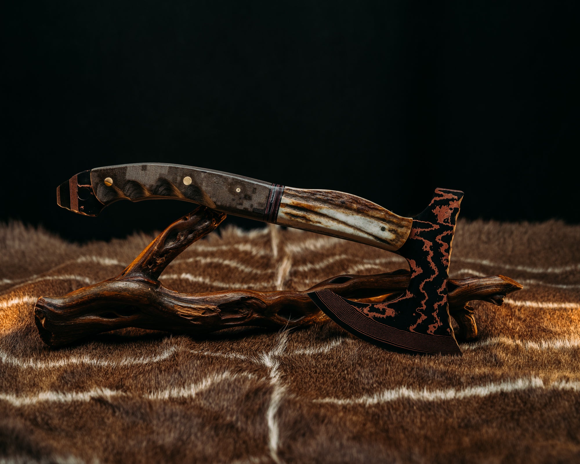 Viking Operator Hawk - Baker Forge Wavy Pattern Copper Mai- CO Elk, Black G10 and American Flag Micarta Split, AOR1 Navy SEAL Cammie Micarta, 1/8" Mosaic Pins, Brass Pins, Grooved Grip