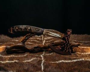 Viking Operator Hawk - Baker Forge Wavy Pattern Copper Mai- CO Elk, Black G10 and American Flag Micarta Split, AOR1 Navy SEAL Cammie Micarta, 1/8" Mosaic Pins, Brass Pins, Grooved Grip