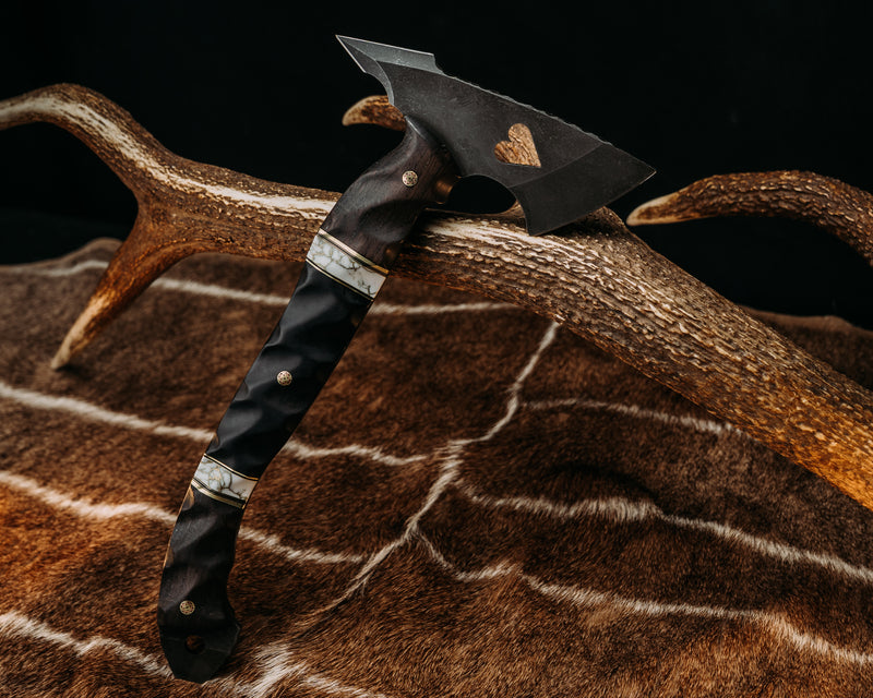 Bleeding Heart Hawk - Ancient Bog Oak, Brass & Black G10 Pin Striping, African Black Wood, Mosaic Pins, Textured Grip