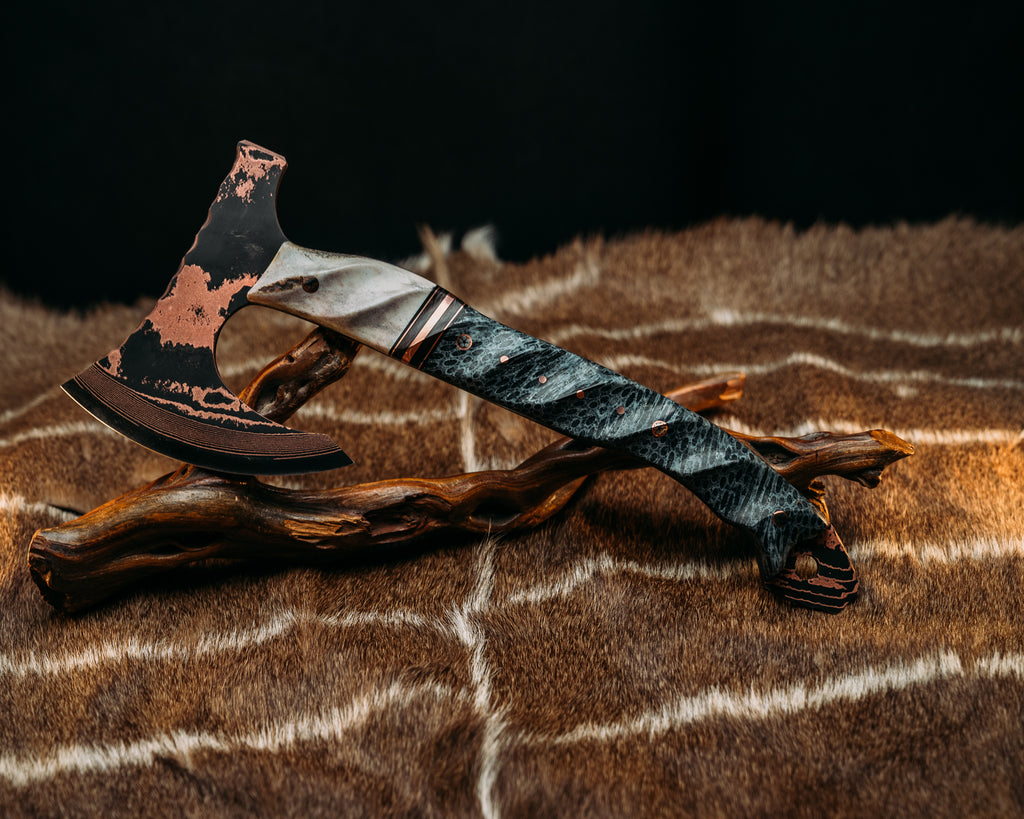 Viking Operator Hawk - Baker Forge Wavy Pattern Copper Mai- CO Elk, Black G10 and Copper Pin Striping, Copper Dark Matter Carbon and Copper Split, Dyed Coral, Mosaic Pins, 1/8" Copper Pins, Textured Grip
