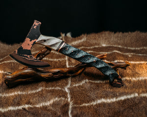 Viking Operator Hawk - Baker Forge Wavy Pattern Copper Mai- CO Elk, Black G10 and Copper Pin Striping, Copper Dark Matter Carbon and Copper Split, Dyed Coral, Mosaic Pins, 1/8" Copper Pins, Textured Grip