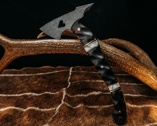 Bleeding Heart Hawk - Ancient Bog Oak, Brass & Black G10 Pin Striping, African Black Wood, Mosaic Pins, Textured Grip