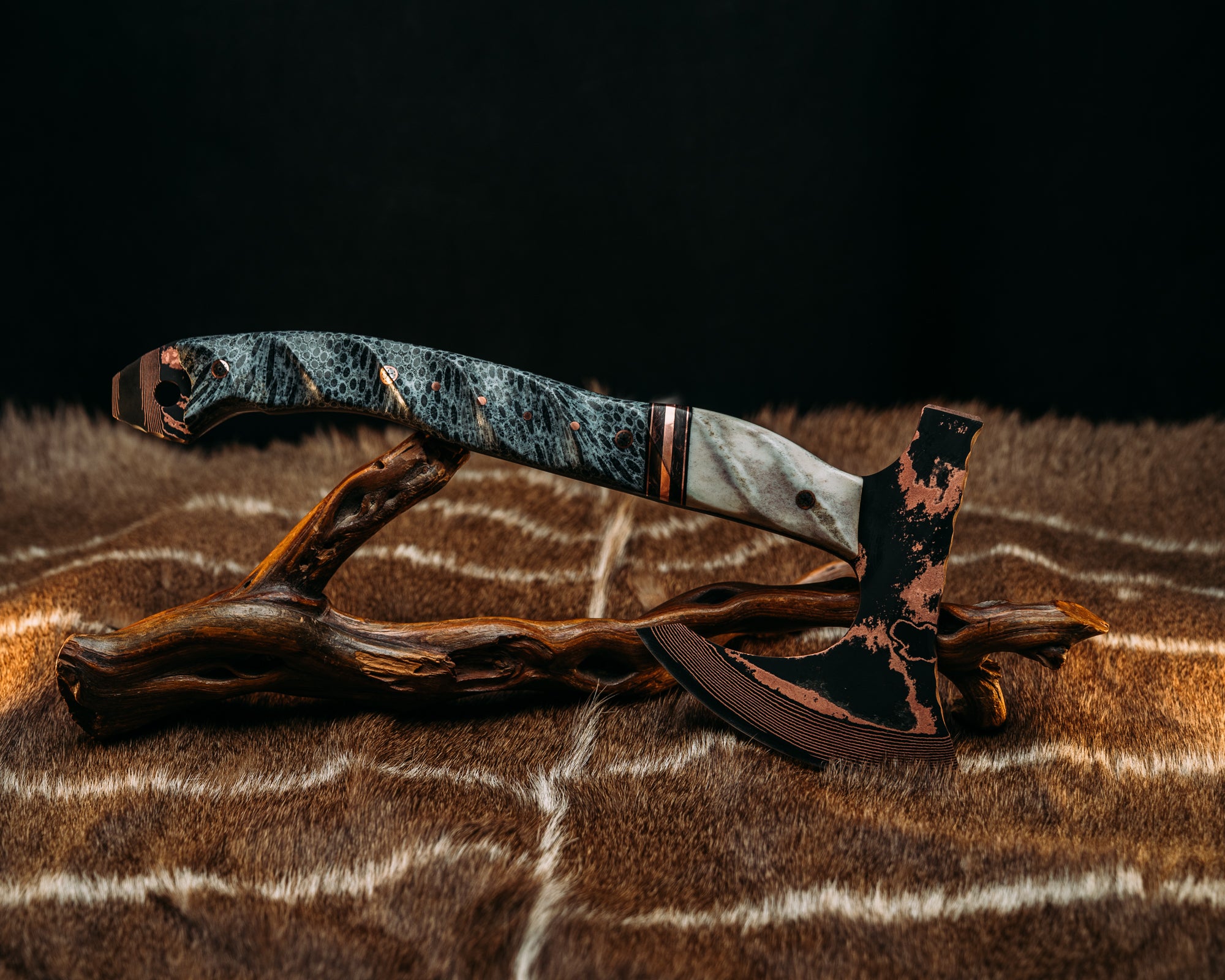 Viking Operator Hawk - Baker Forge Wavy Pattern Copper Mai- CO Elk, Black G10 and Copper Pin Striping, Copper Dark Matter Carbon and Copper Split, Dyed Coral, Mosaic Pins, 1/8" Copper Pins, Textured Grip