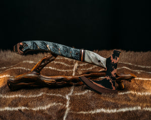 Viking Operator Hawk - Baker Forge Wavy Pattern Copper Mai- CO Elk, Black G10 and Copper Pin Striping, Copper Dark Matter Carbon and Copper Split, Dyed Coral, Mosaic Pins, 1/8" Copper Pins, Textured Grip