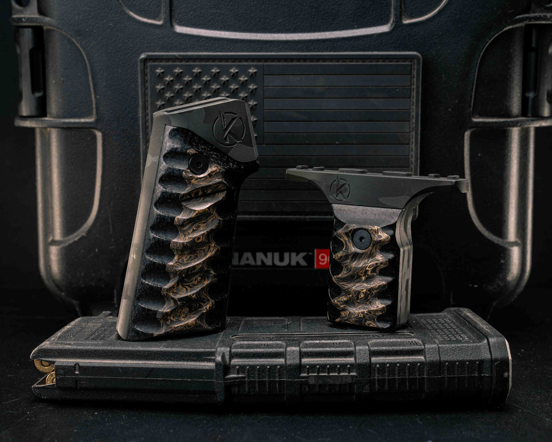 HFB x Kinetic AR Grip System SET - Gold Dark Matter FAT Carbon on Black Burlap Micarta, Black Multicam Cerakote, Snake Textured Grip