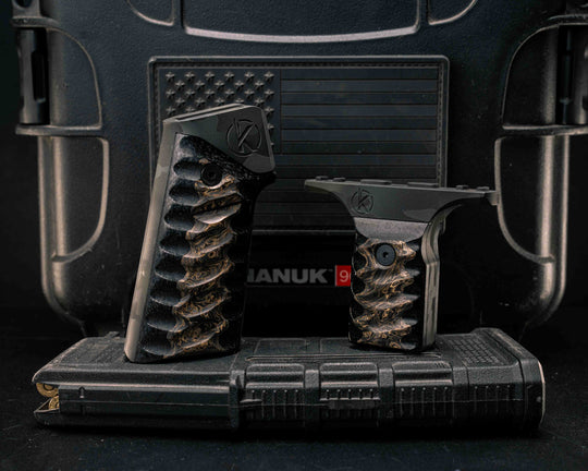 HFB x Kinetic AR Grip System SET - Gold Dark Matter FAT Carbon on Black Burlap Micarta, Black Multicam Cerakote, Snake Textured Grip