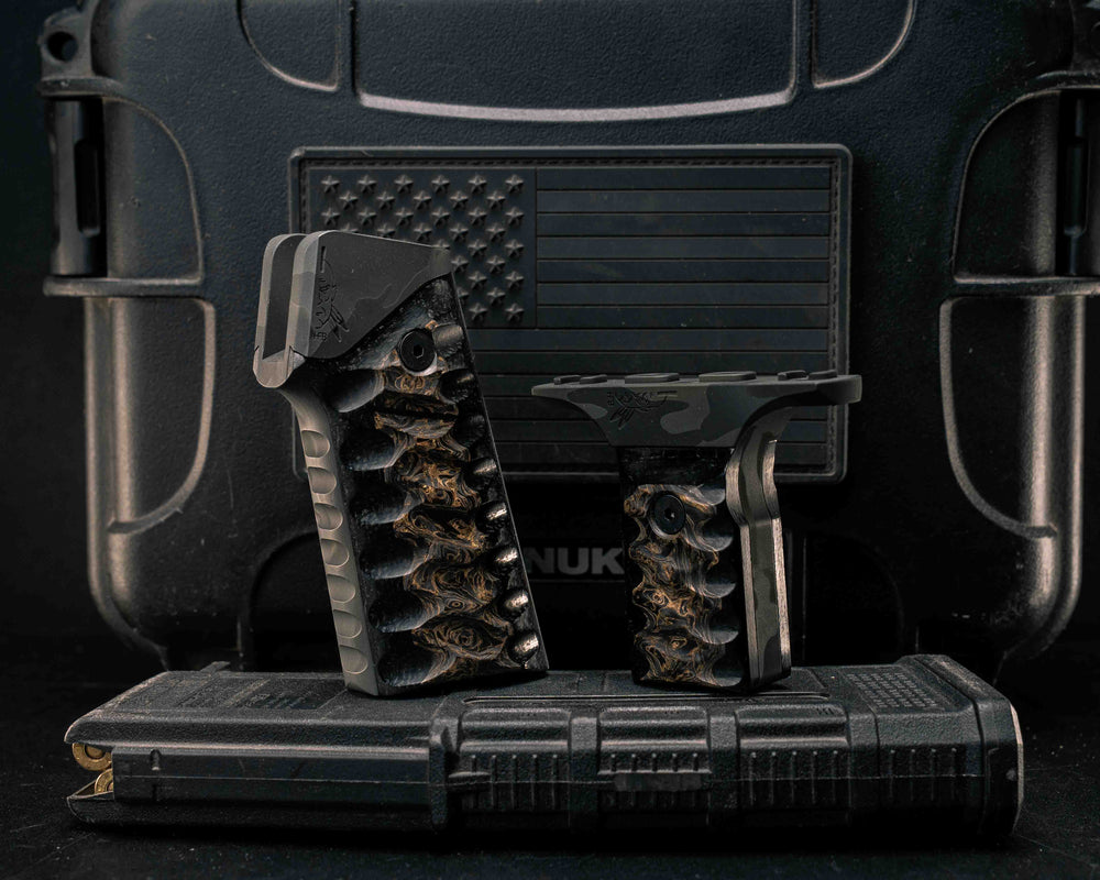 HFB x Kinetic AR Grip System SET - Gold Dark Matter FAT Carbon on Black Burlap Micarta, Black Multicam Cerakote, Snake Textured Grip