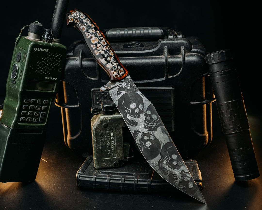 American Bowie- Desert Ironwood, Catacomb Tru-LaRue Smoke Resin, Mosaic Glow Pins, Skull Hand Middle Finger Mosaic Pin, Smooth Angled Grip