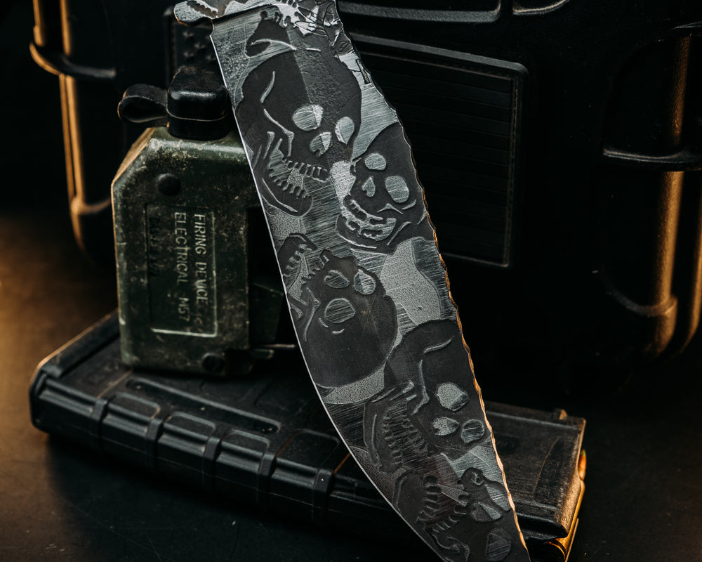 American Bowie- Desert Ironwood, Catacomb Tru-LaRue Smoke Resin, Mosaic Glow Pins, Skull Hand Middle Finger Mosaic Pin, Smooth Angled Grip