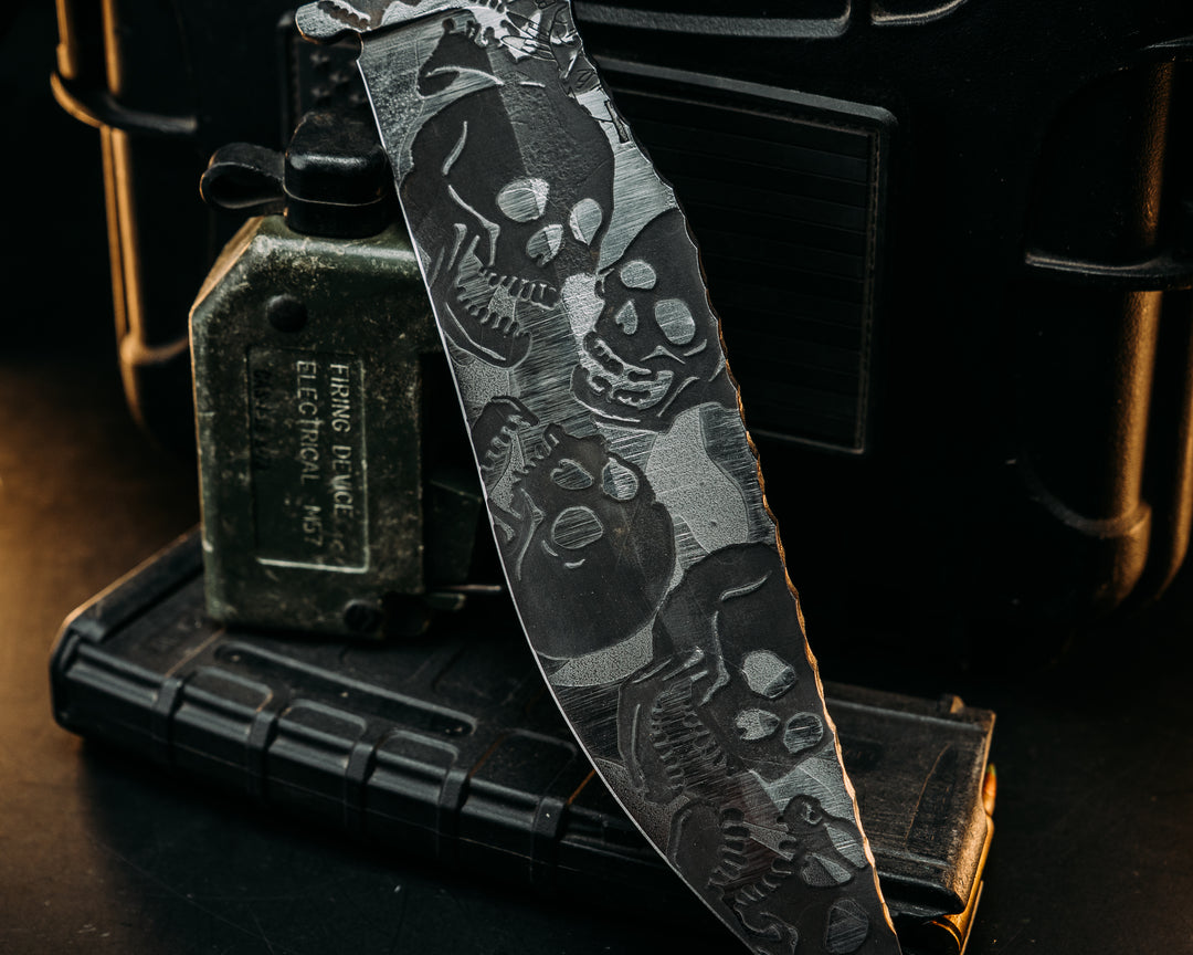 American Bowie- Desert Ironwood, Catacomb Tru-LaRue Smoke Resin, Mosaic Glow Pins, Skull Hand Middle Finger Mosaic Pin, Smooth Angled Grip