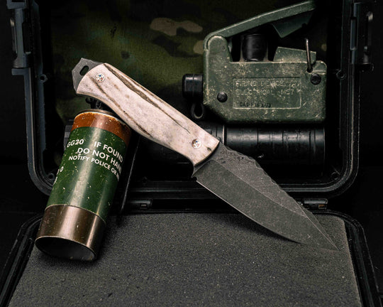 Field Knife- Elk Antler, Copper Patriot Mosaic Pins, Textured Natural Grip